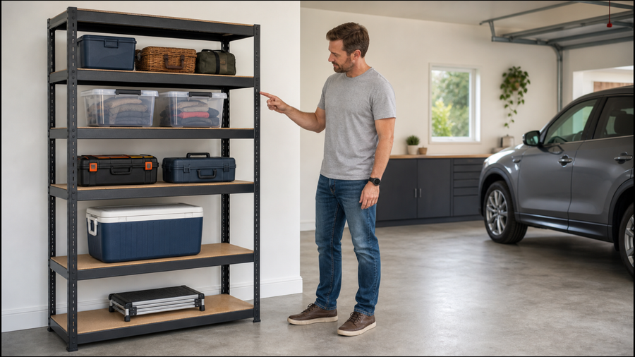 A homeowner comparing different shelf heights on a generic adjustable garage storage rack.