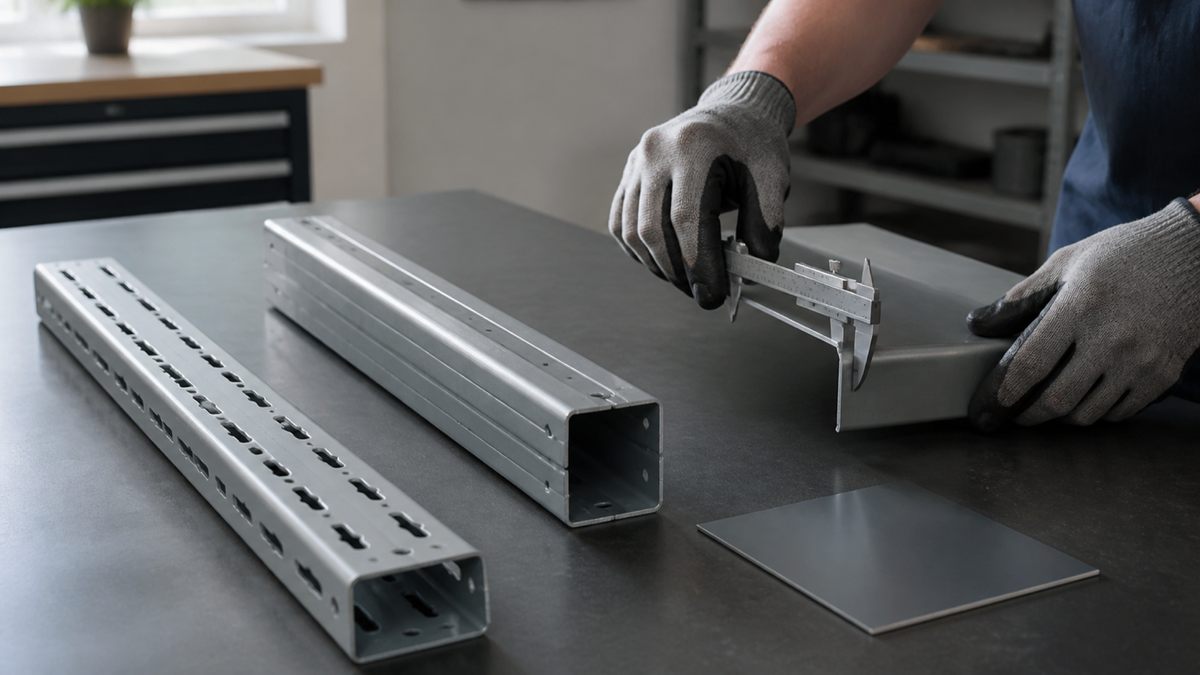 Generic steel shelving components being checked with a caliper on a workshop bench.