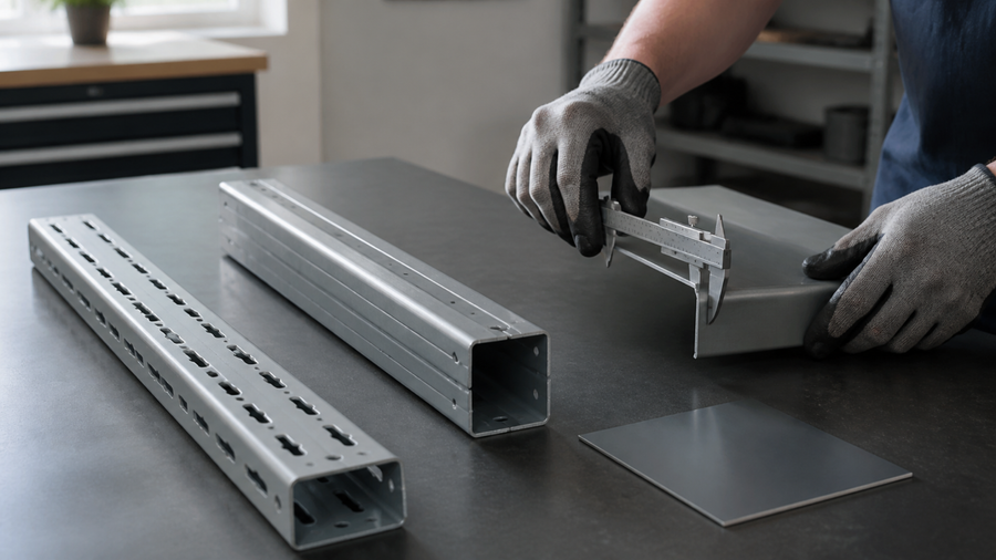 Generic steel shelving components being checked with a caliper on a workshop bench.