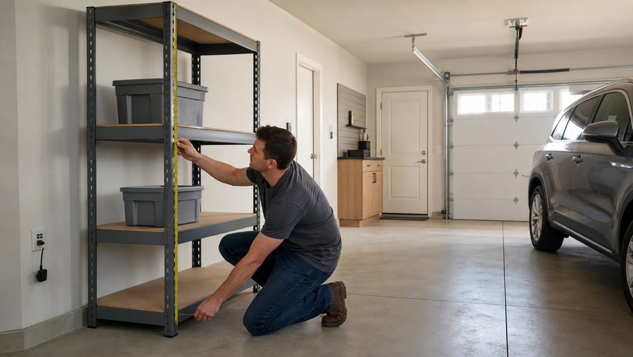 Homeowner measuring a generic freestanding garage shelving unit before buying.