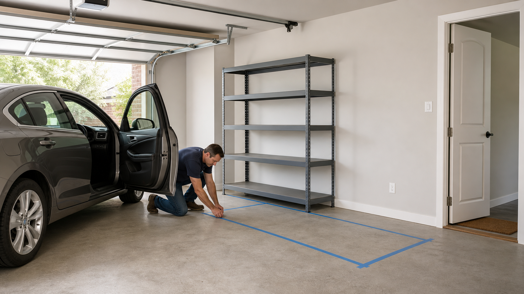 Homeowner marking a garage shelf footprint while checking car door and walkway clearance.
