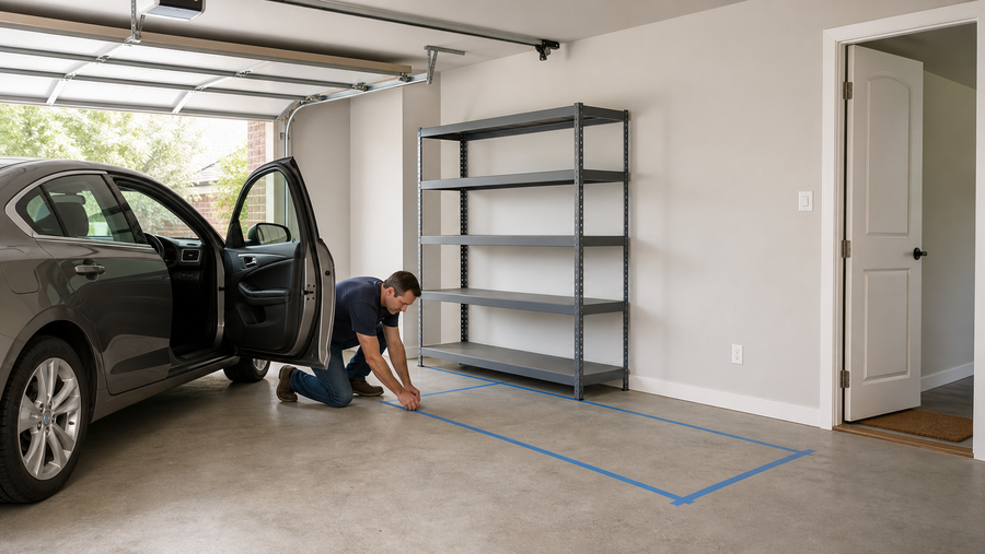 Homeowner marking a garage shelf footprint while checking car door and walkway clearance.