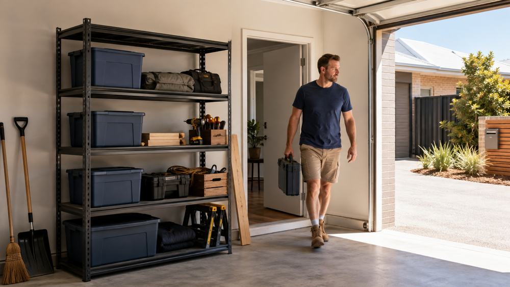 Homeowner moving a tool case indoors from a shaded, organised garage on a hot summer day.