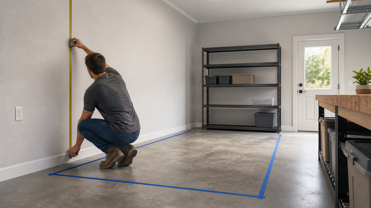 Person measuring wall height and a taped floor footprint before choosing shelving.