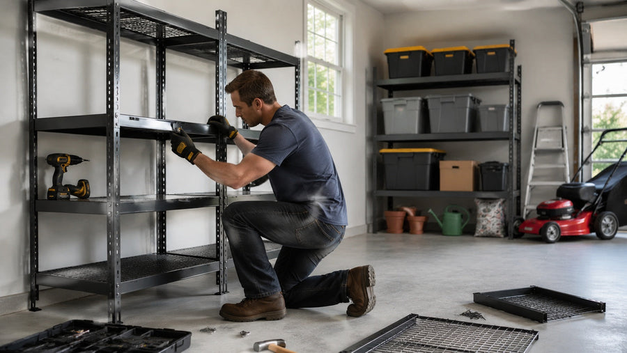 A homeowner installing garage shelving safely in an organized modern garage storage area