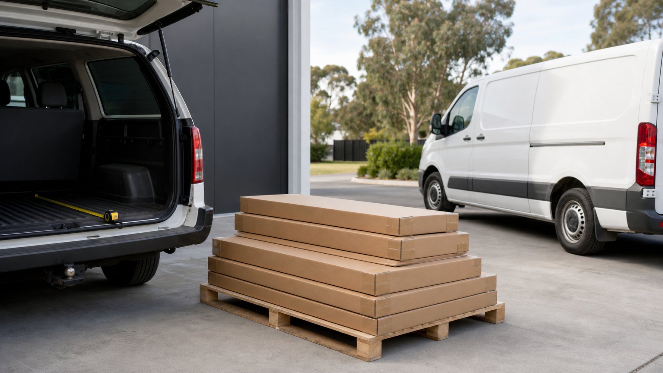 Flat-pack shelving cartons beside an open cargo vehicle and an unbranded delivery van.