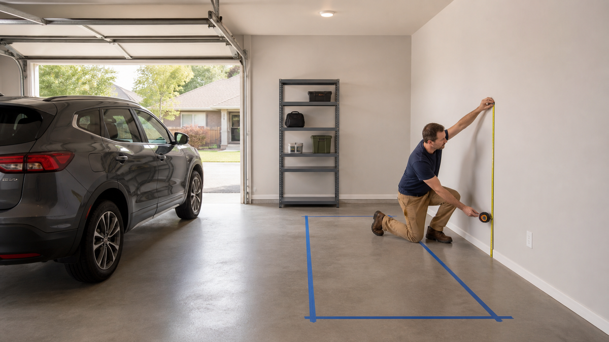 Homeowner measuring an empty garage wall before choosing shelving.