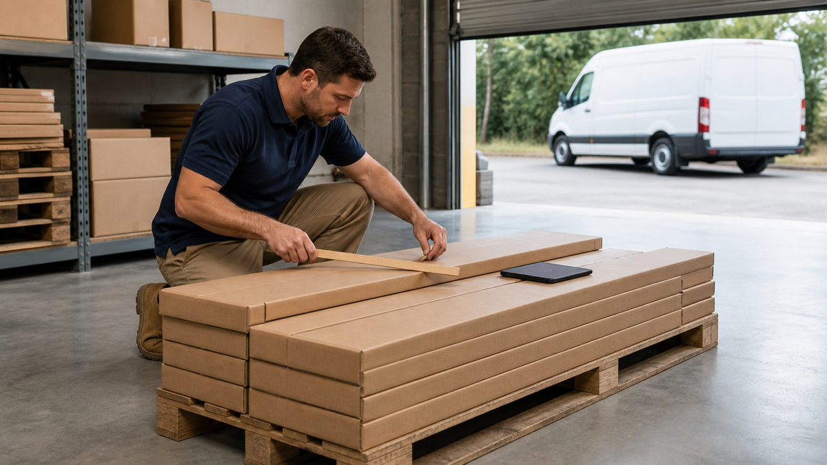 Worker measuring plain shelving cartons while preparing a postcode freight quote.