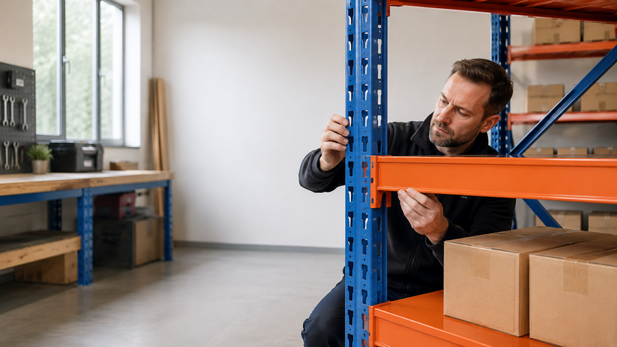 Storage rack buyer inspecting a horizontal shelf beam connection.