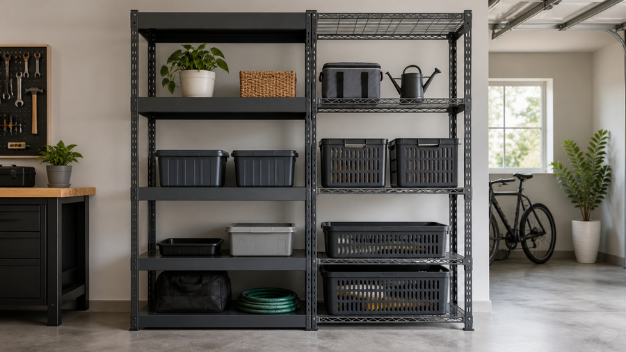 Solid steel shelf decking beside open wire decking in an organised garage.