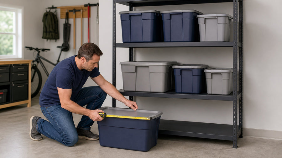 Homeowner measuring a storage tote beside generic garage shelving.