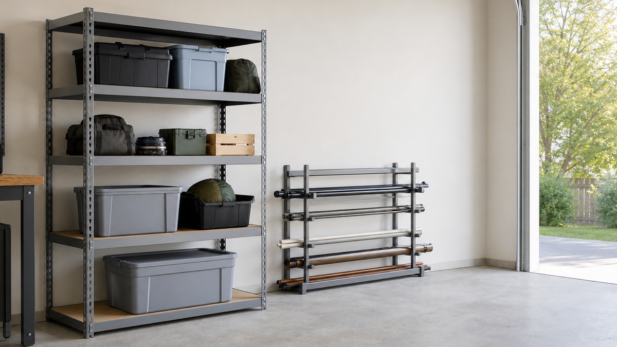 Long items stored in a dedicated horizontal rack beside shelves holding contained bulky items.