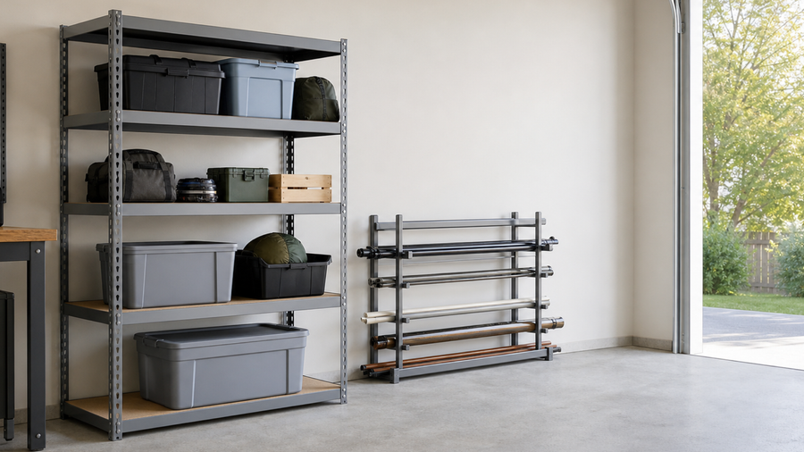Long items stored in a dedicated horizontal rack beside shelves holding contained bulky items.