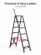 6-Step Folding Ladder with Handrail – Compact Carbon Steel, Black