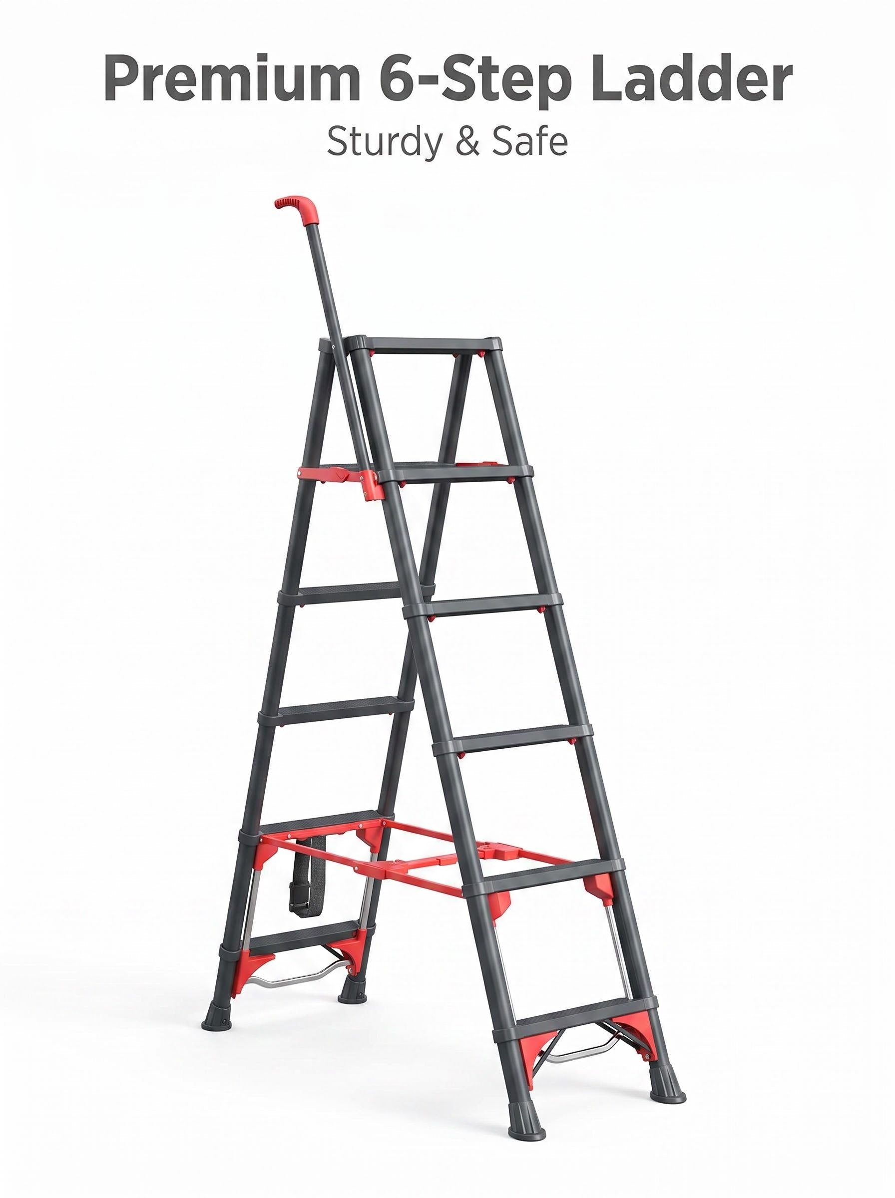 6-Step Folding Ladder with Handrail – Compact Carbon Steel, Black
