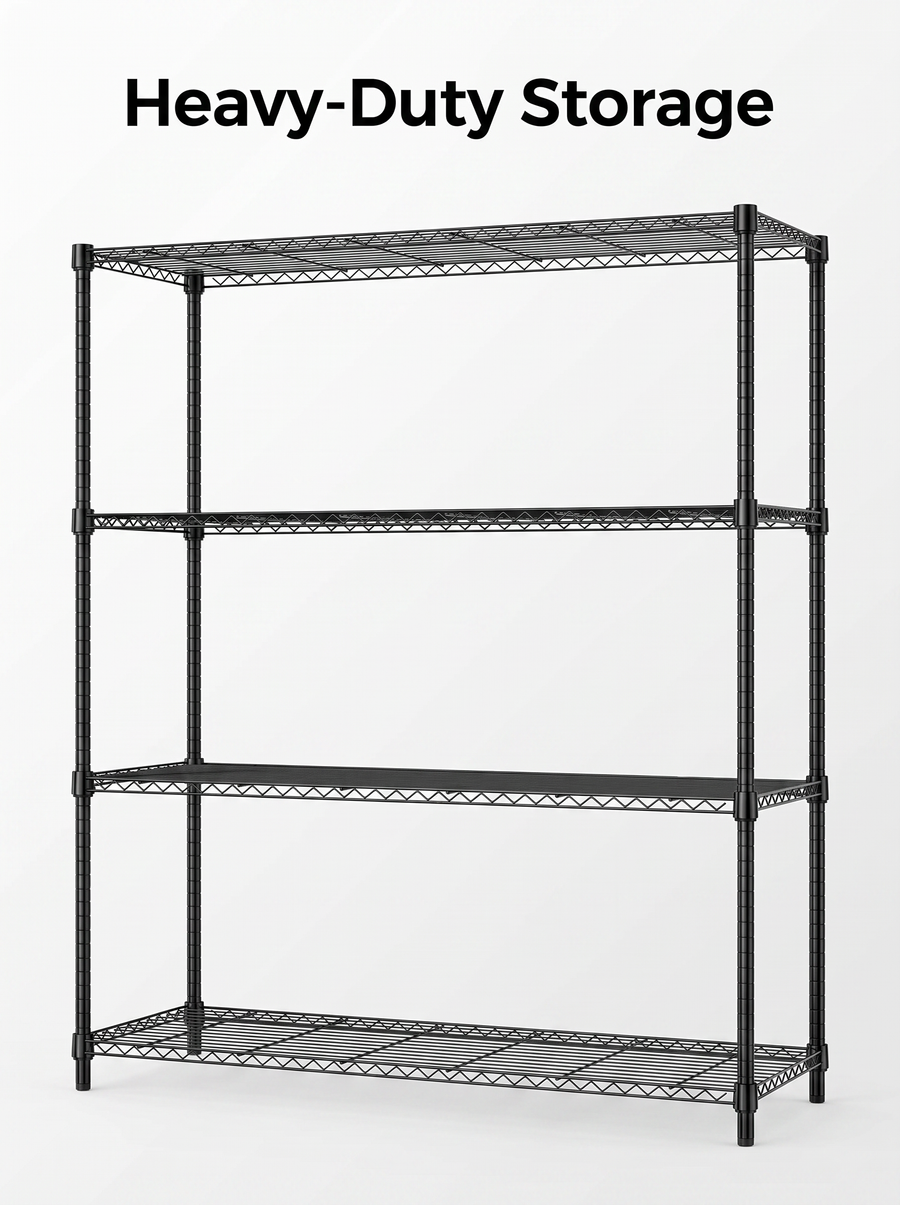 4-Tier Adjustable Wire Shelving Unit – Heavy-Duty Carbon Steel, Black