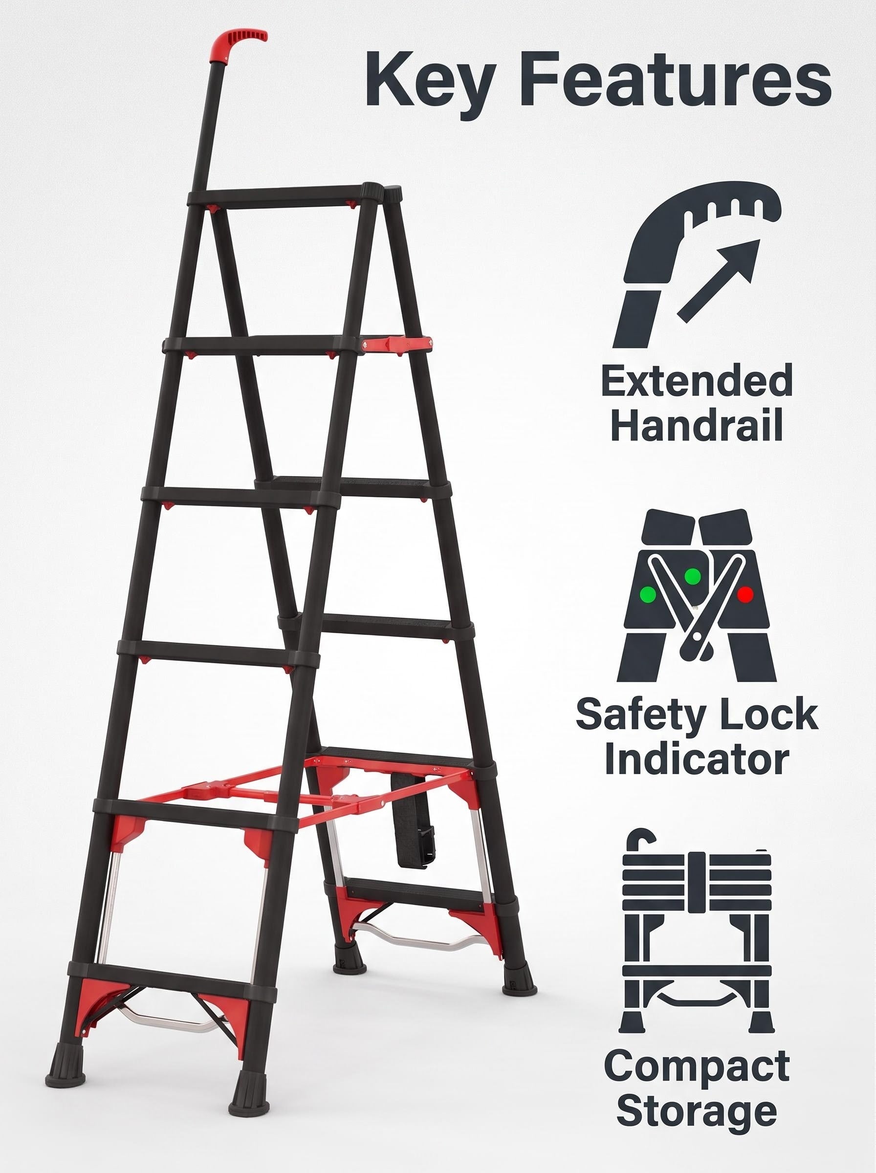 6-Step Folding Ladder with Handrail – Compact Carbon Steel, Black