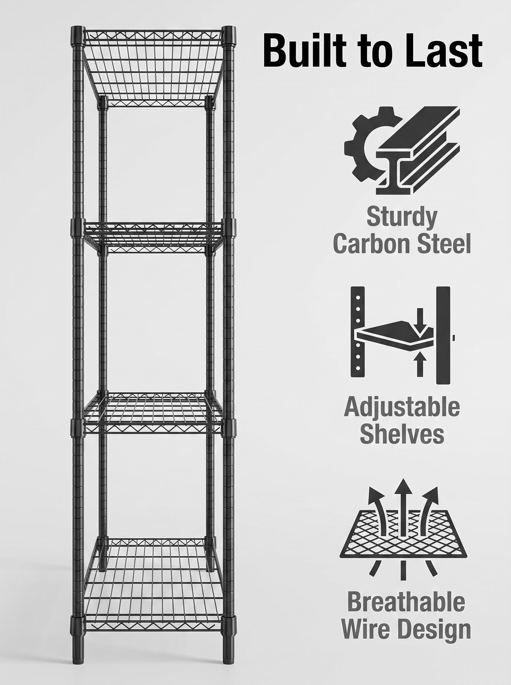 4-Tier Adjustable Wire Shelving Unit – Heavy-Duty Carbon Steel, Black