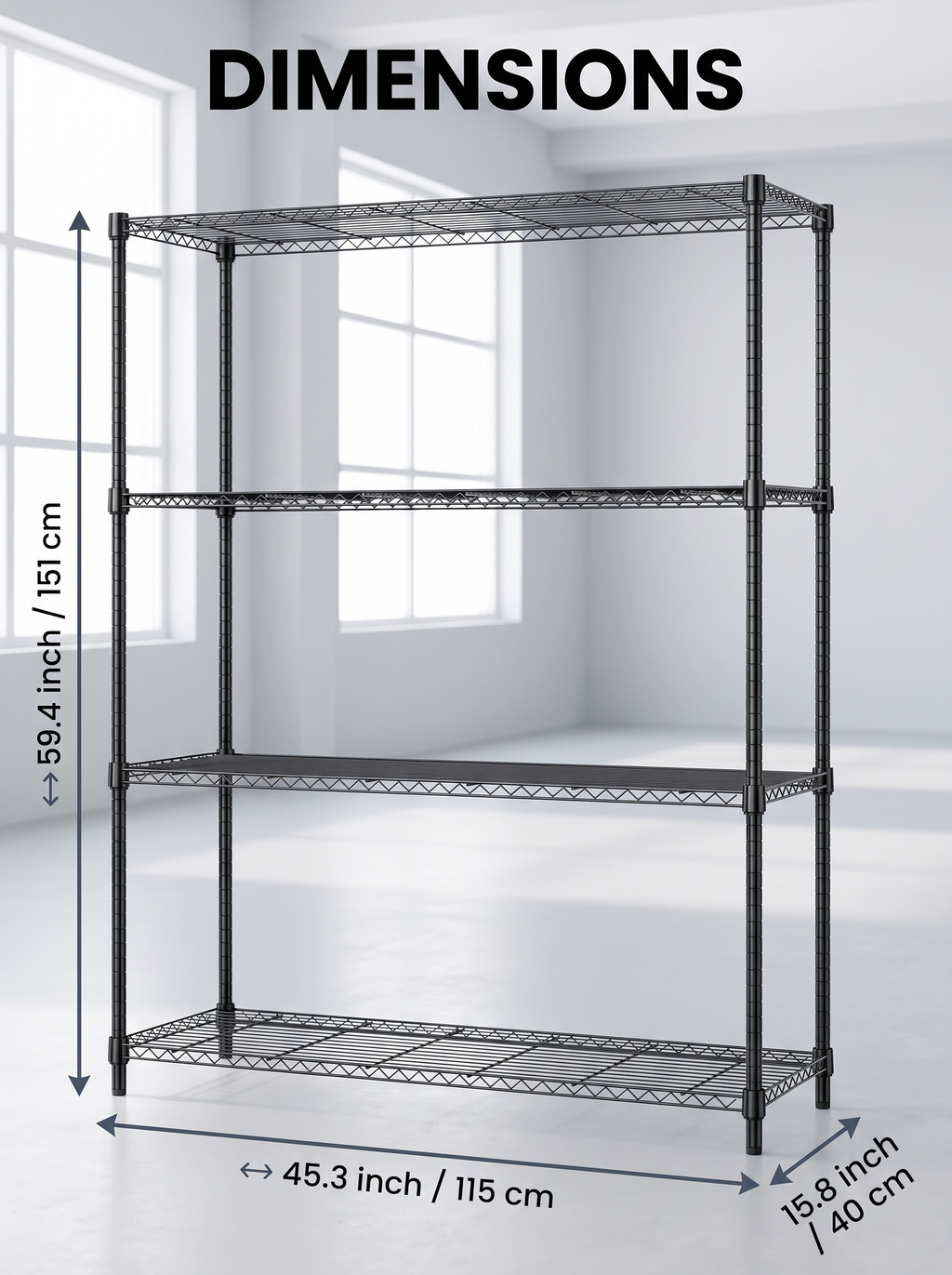 4-Tier Adjustable Wire Shelving Unit – Heavy-Duty Carbon Steel, Black