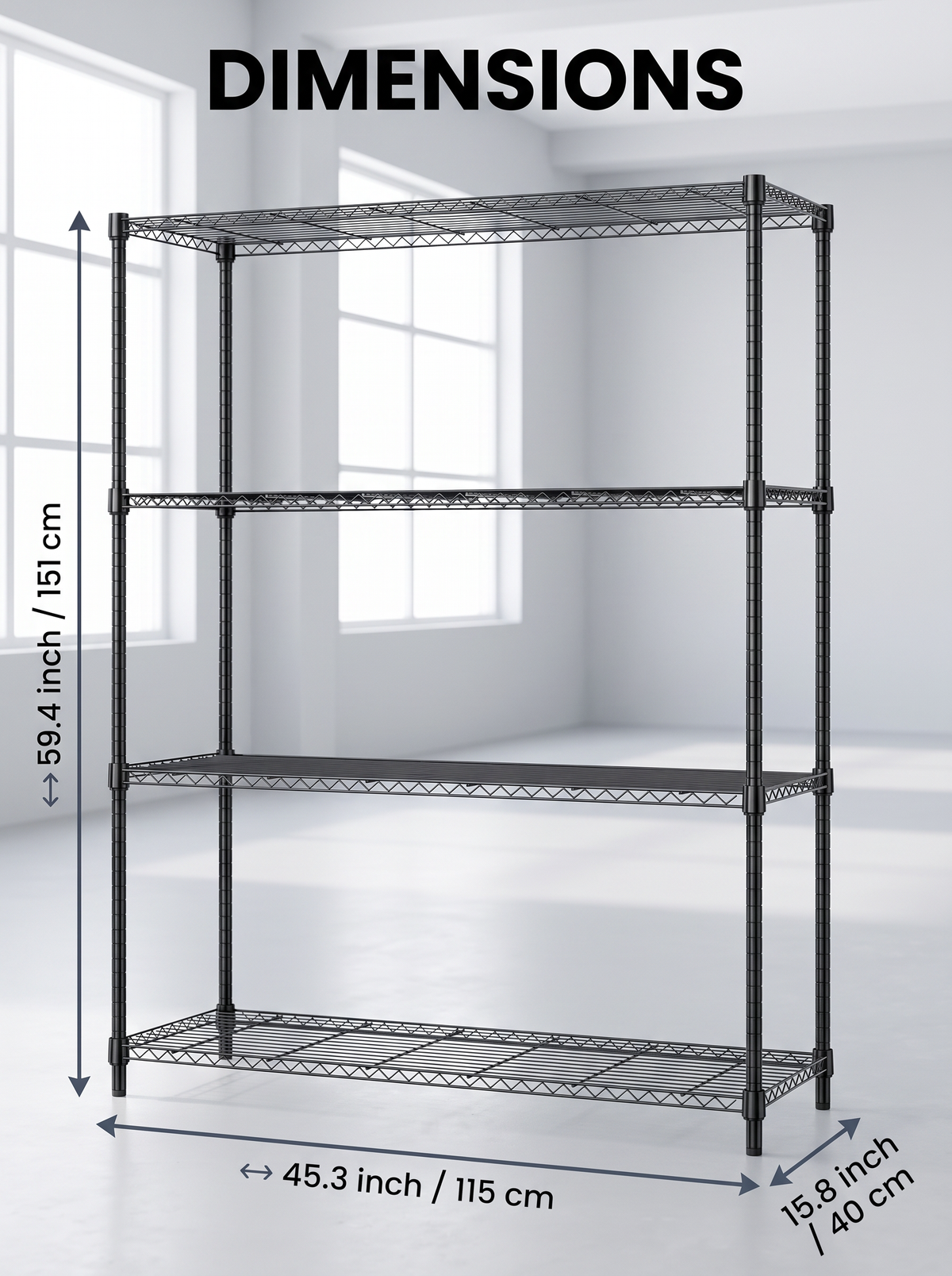 4-Tier Adjustable Wire Shelving Unit – Heavy-Duty Carbon Steel, Black