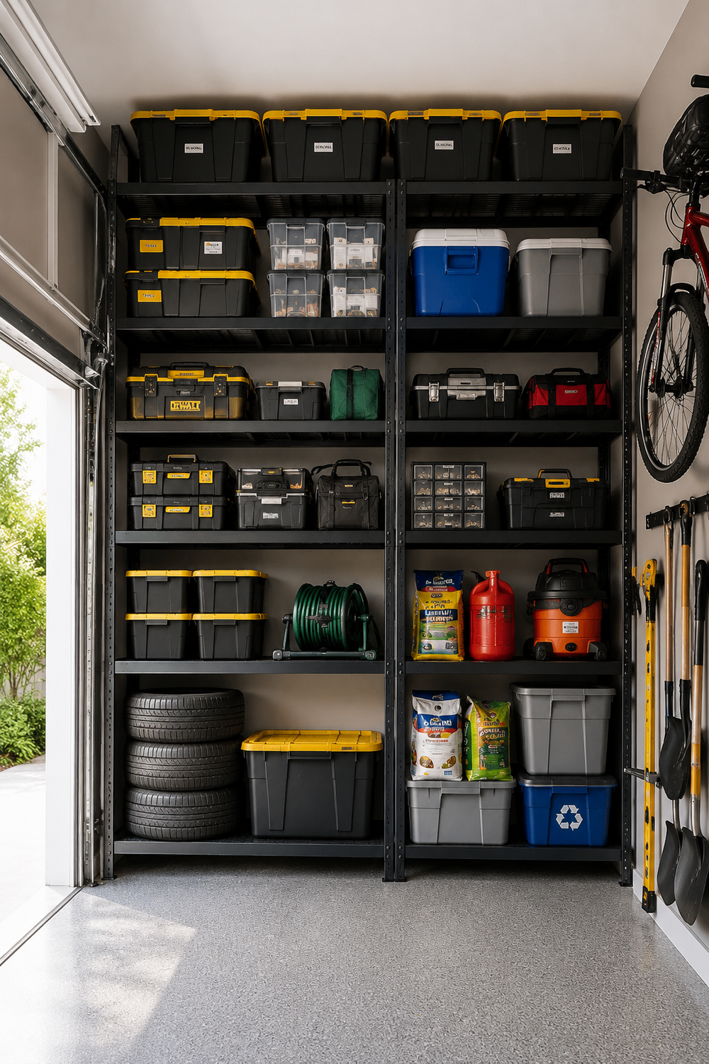 Black garage shelving units organized with storage bins, tools, and equipment