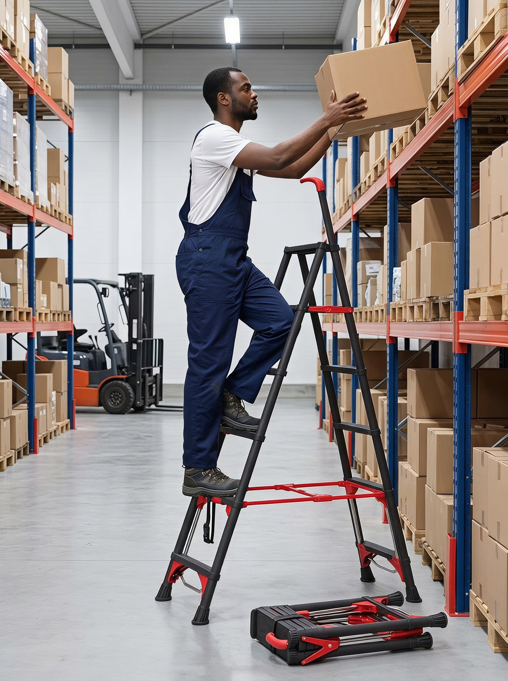 6-Step Folding Ladder with Handrail – Compact Carbon Steel, Black