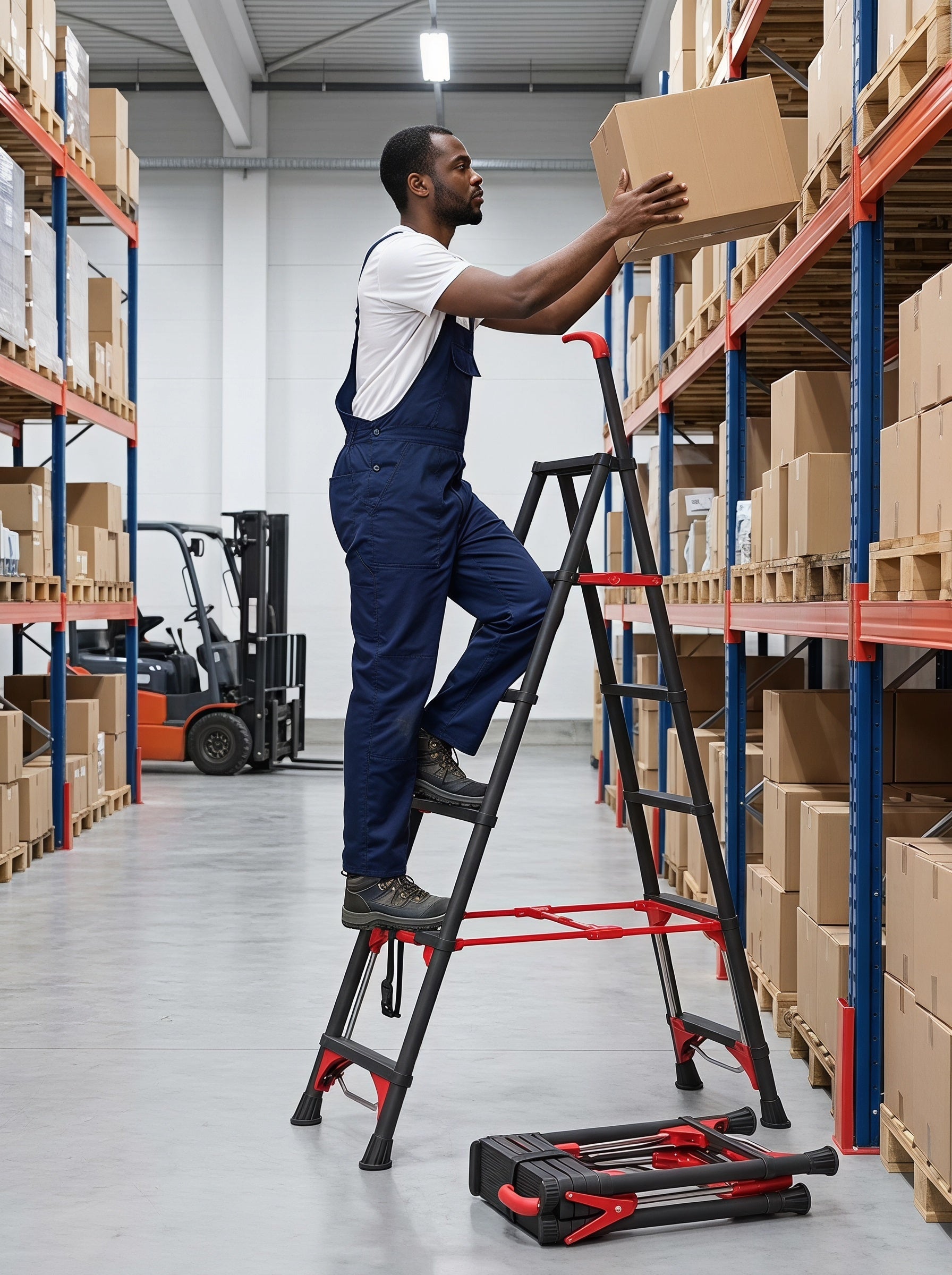 6-Step Folding Ladder with Handrail – Compact Carbon Steel, Black