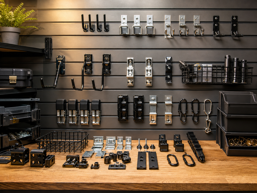 Slatwall tool storage system with hooks, brackets, baskets, and hardware accessories