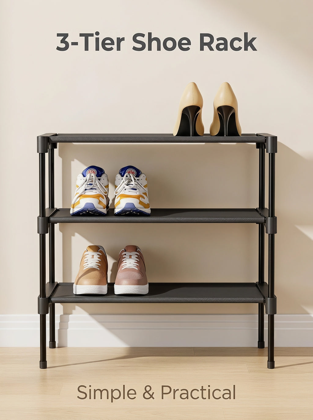 3-Tier Stackable Shoe Rack – 27.5 in Wide, Black