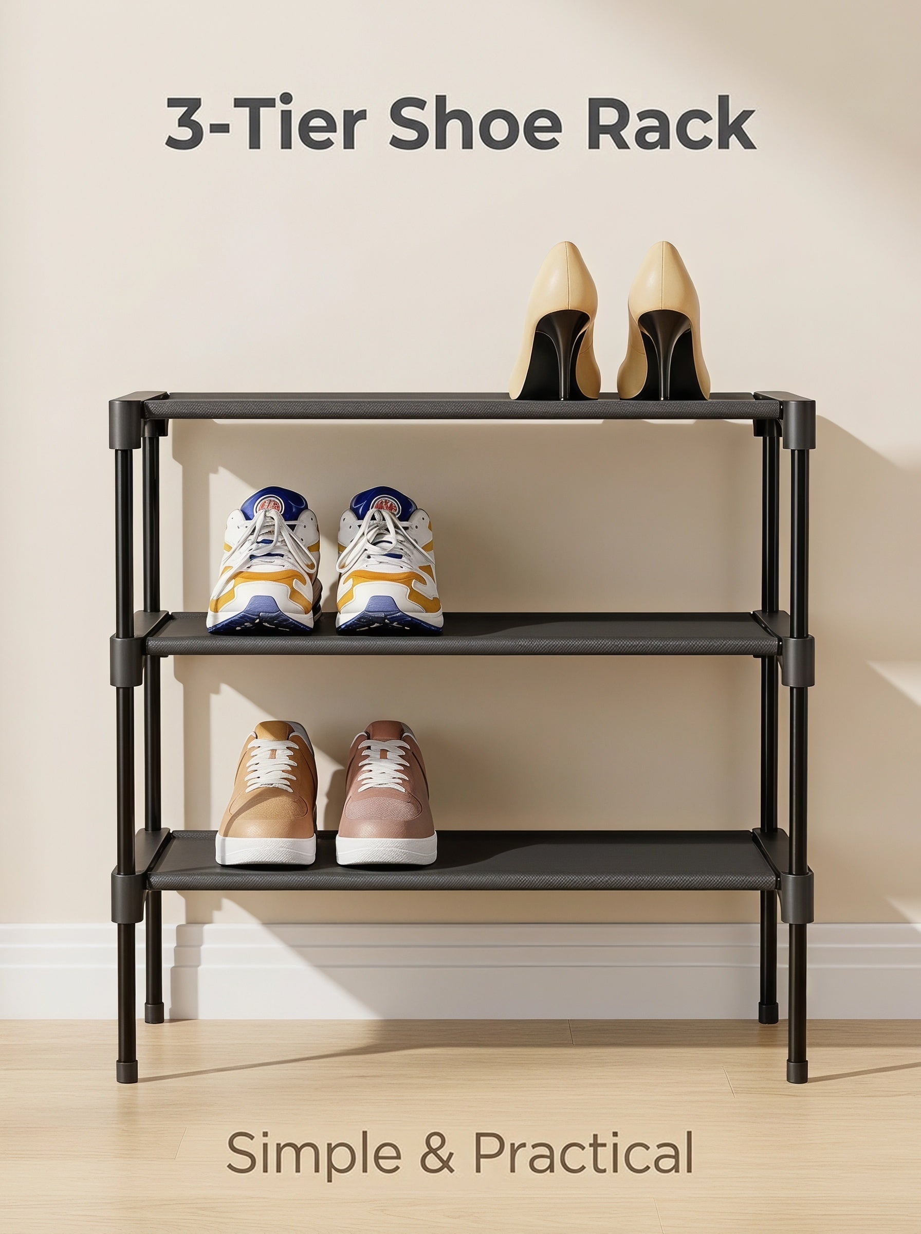 3-Tier Stackable Shoe Rack – 27.5 in Wide, Black