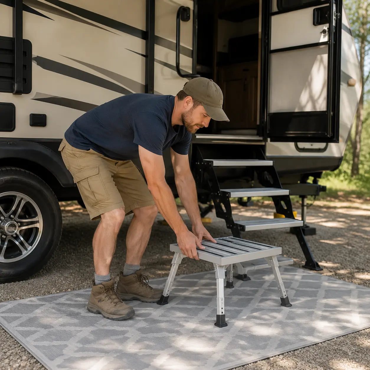 Grooved platform on the aluminum step stool