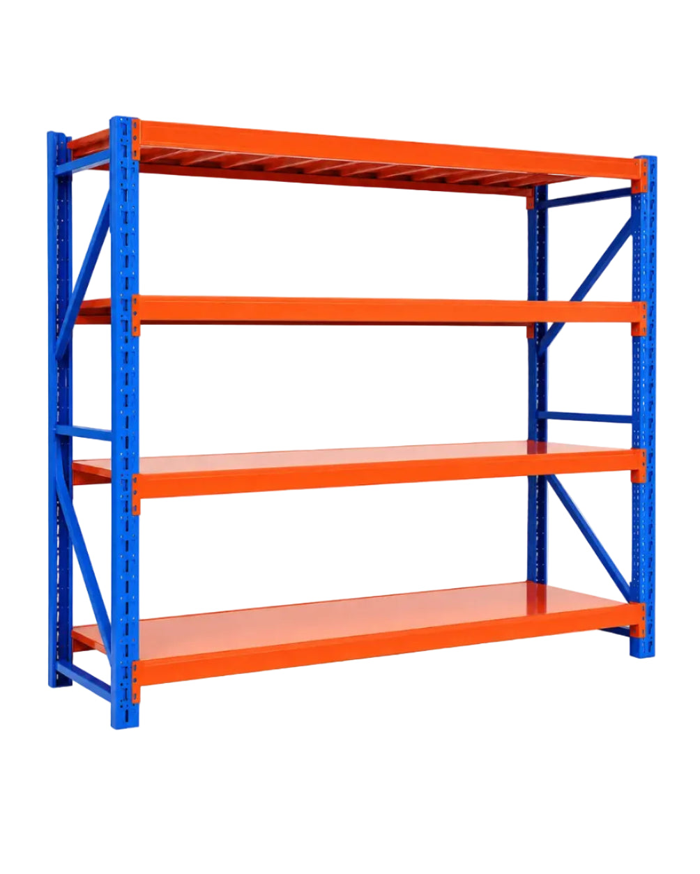 Orange and blue 4-tier heavy-duty steel shelving unit, 200 x 60 x 200 cm