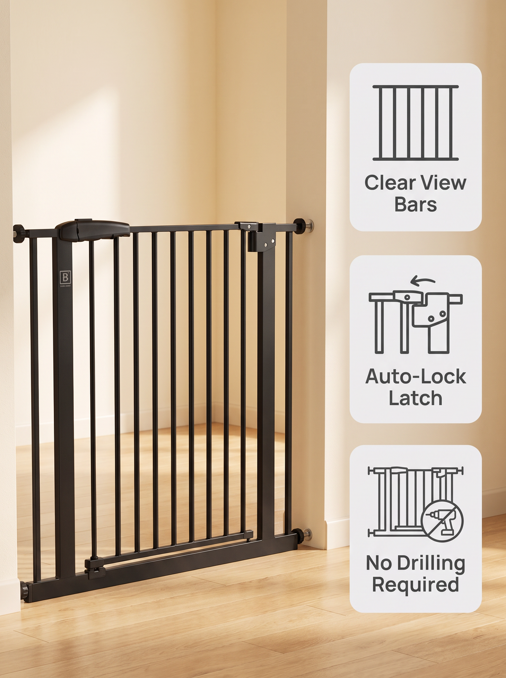 Black No-Drill Baby Safety Gate, 74.5cm Width 78cm Height Pressure Mounted Pet Safety Gate
