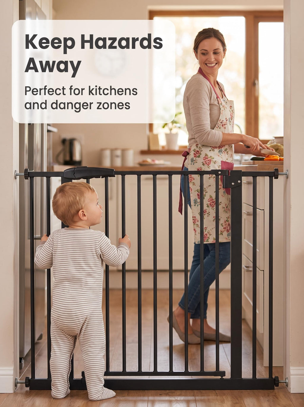 Black No-Drill Baby Safety Gate, 74.5cm Width 78cm Height Pressure Mounted Pet Safety Gate