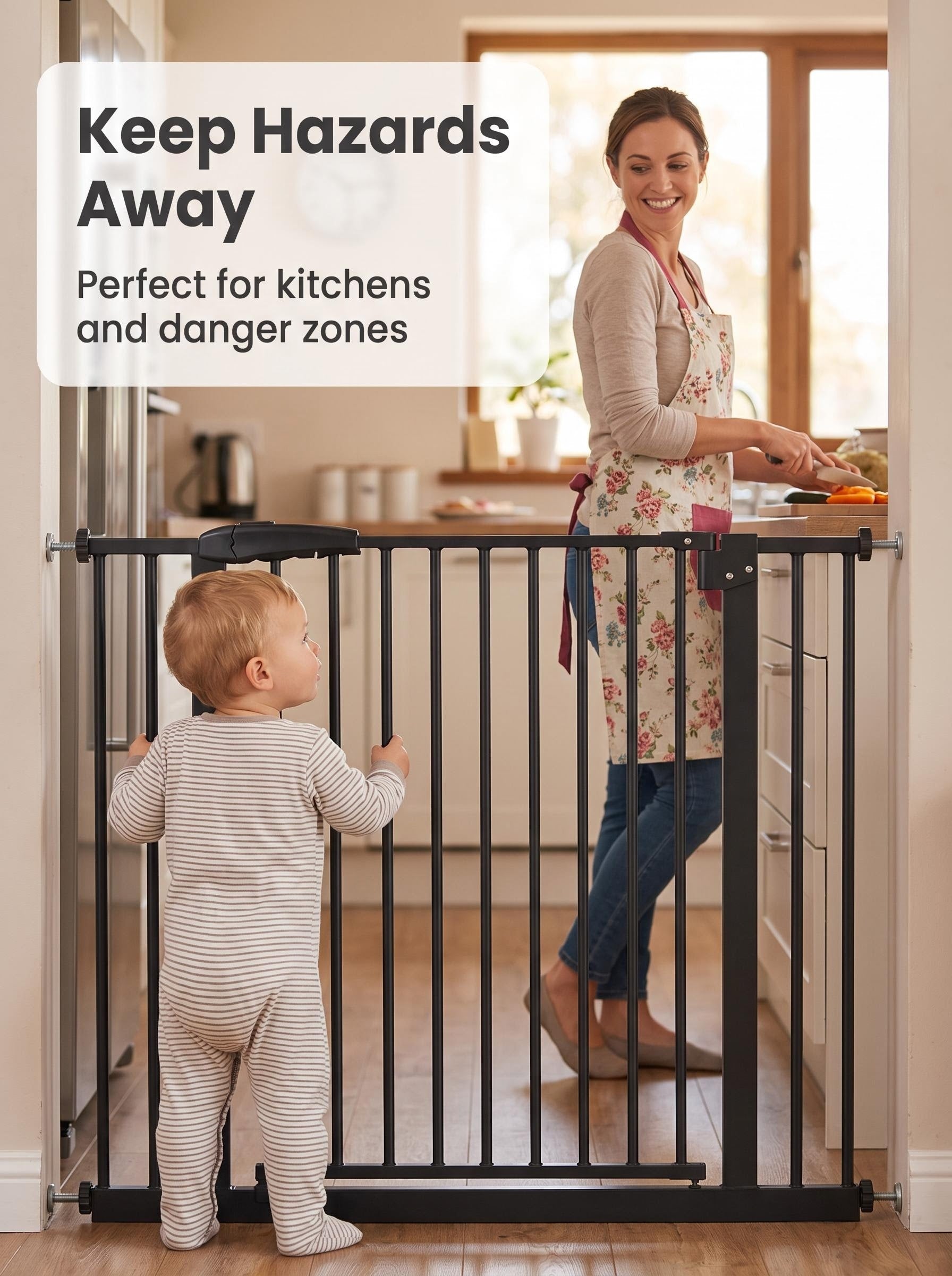 Black No-Drill Baby Safety Gate, 74.5cm Width 78cm Height Pressure Mounted Pet Safety Gate