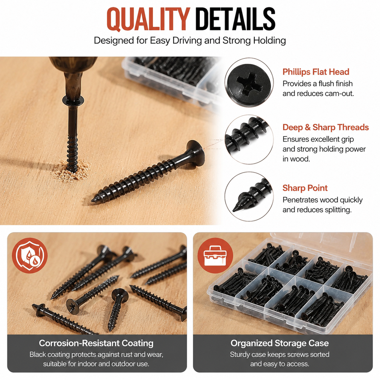 Phillips heads and sharp threads on assorted wood screws
