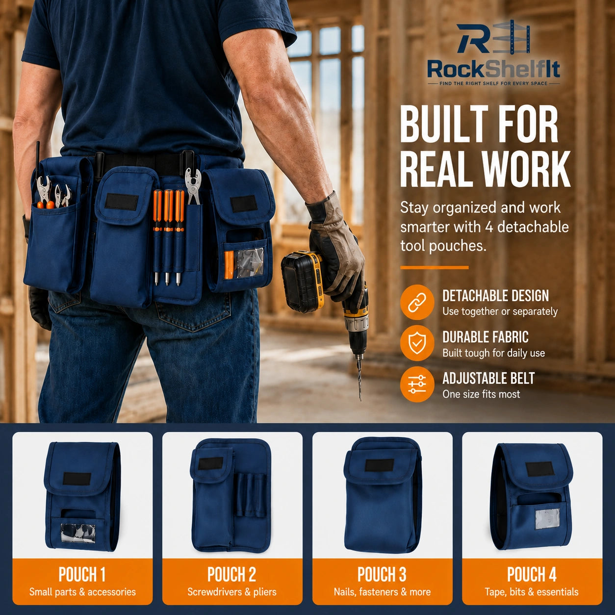 Heavy-duty detachable tool pouch and belt organizer