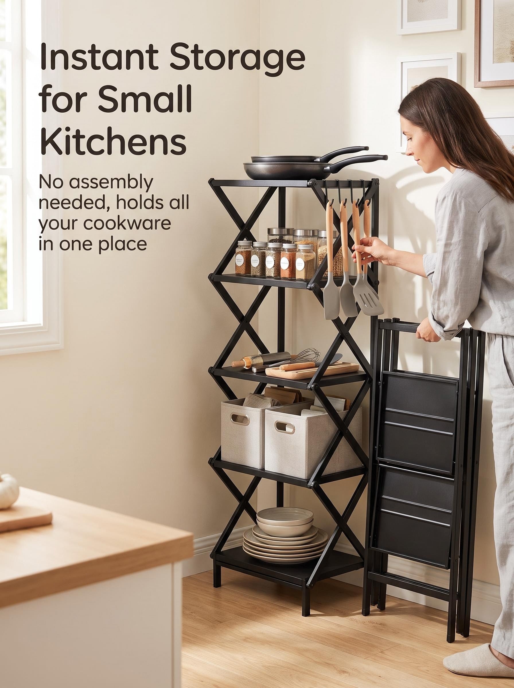 3/5-Tier Foldable Metal Storage Cart with Wheels & 6 Hooks – Black