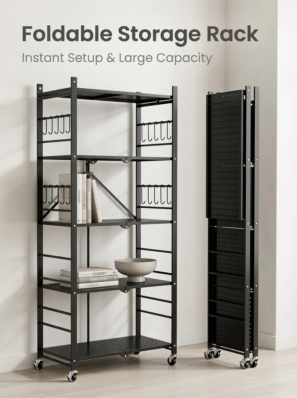 3/5-Tier Foldable Metal Storage Cart with Wheels & 6 Hooks – Black