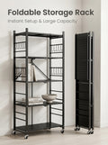 3/5-Tier Foldable Metal Storage Cart with Wheels & 6 Hooks – Black