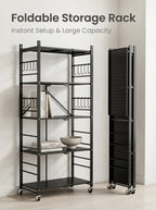 3/5-Tier Foldable Metal Storage Cart with Wheels & 6 Hooks – Black