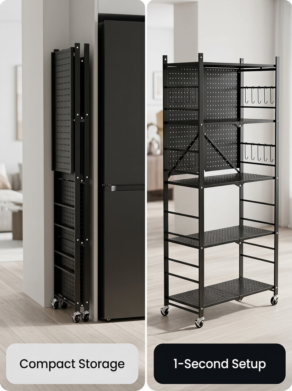 3/5-Tier Foldable Metal Storage Cart with Wheels & 6 Hooks – Black