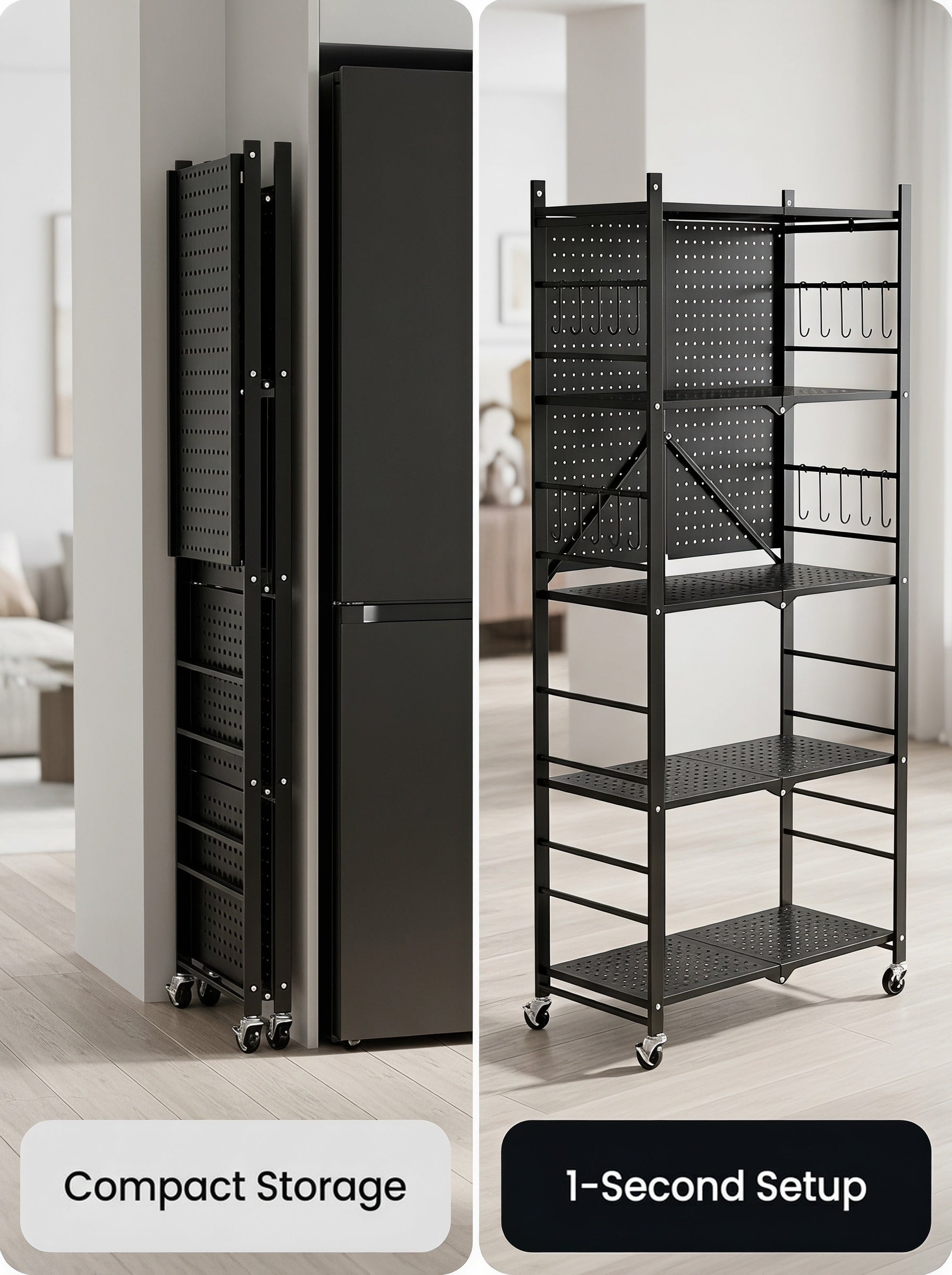 3/5-Tier Foldable Metal Storage Cart with Wheels & 6 Hooks – Black