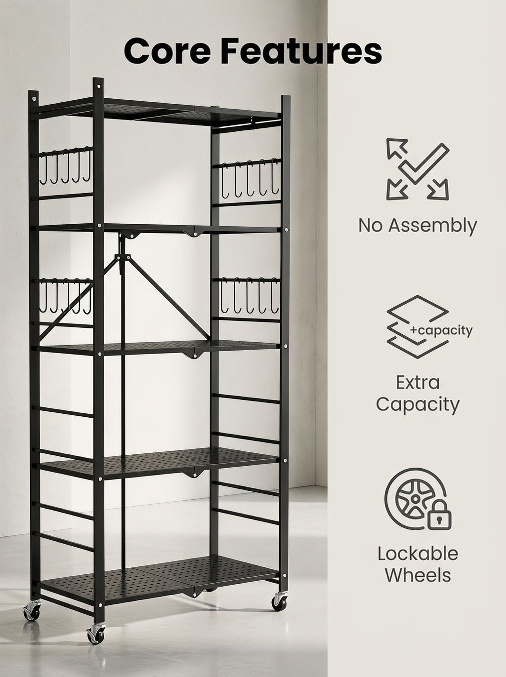3/5-Tier Foldable Metal Storage Cart with Wheels & 6 Hooks – Black