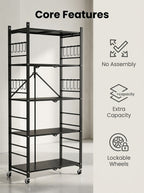 3/5-Tier Foldable Metal Storage Cart with Wheels & 6 Hooks – Black
