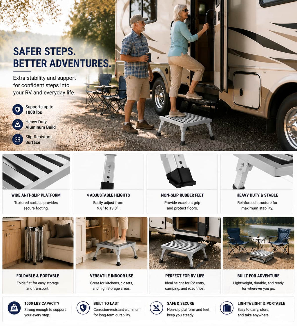 Heavy-duty aluminum platform step for RV entry