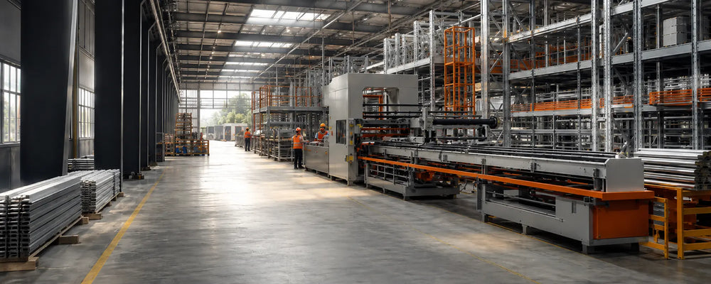 Industrial metal shelving in a manufacturing warehouse