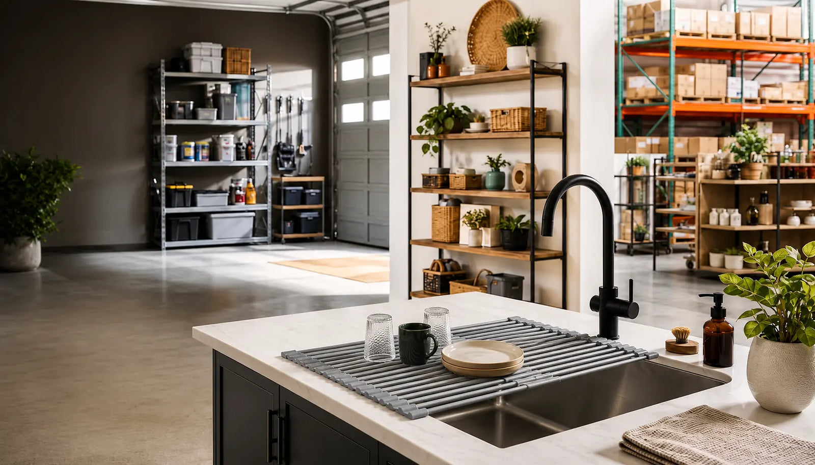 Kitchen organizer racks and roll-up sink drying mat