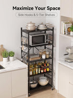 3/5-Tier Foldable Metal Storage Cart with Wheels & 6 Hooks – Black