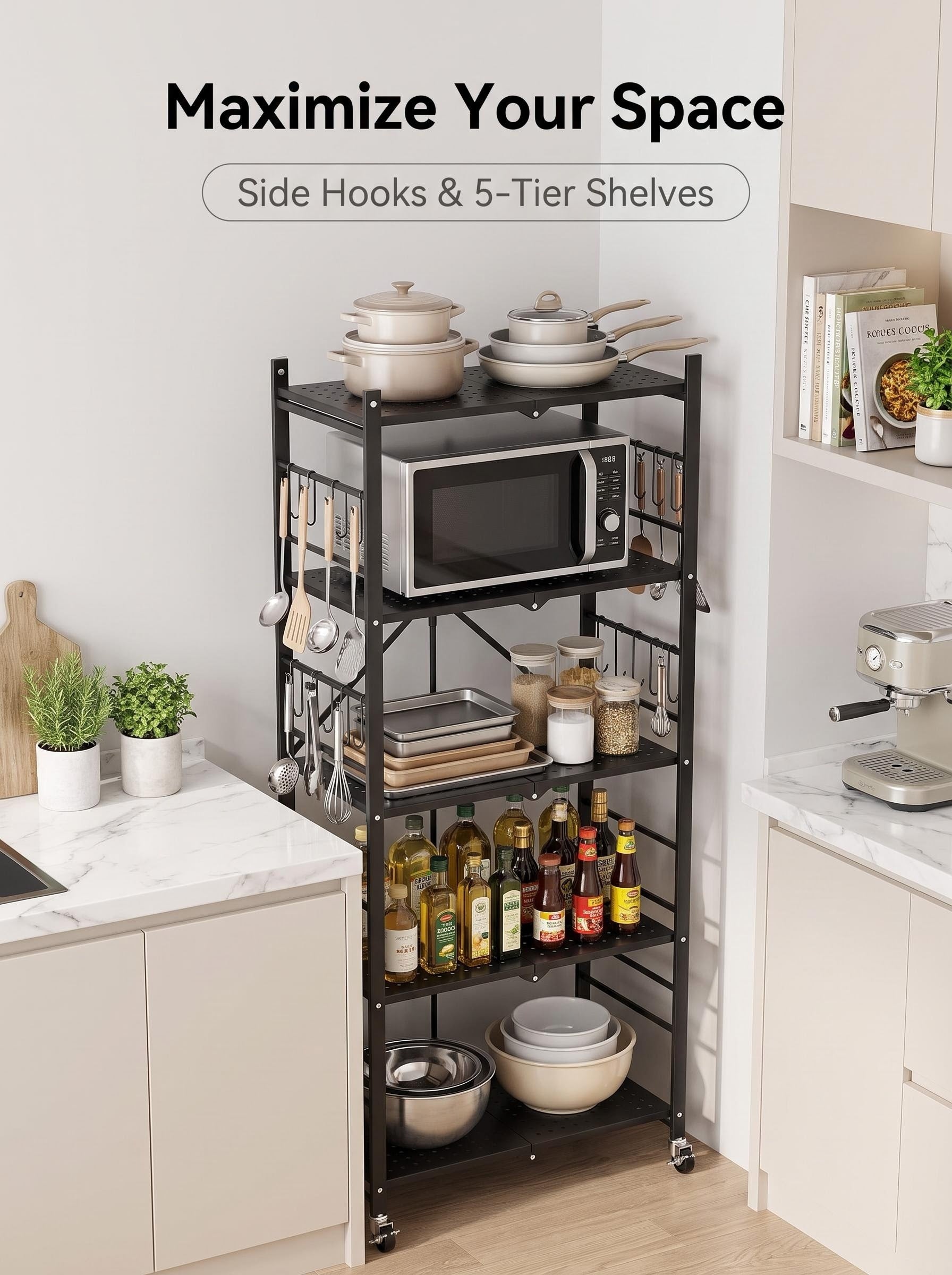 3/5-Tier Foldable Metal Storage Cart with Wheels & 6 Hooks – Black